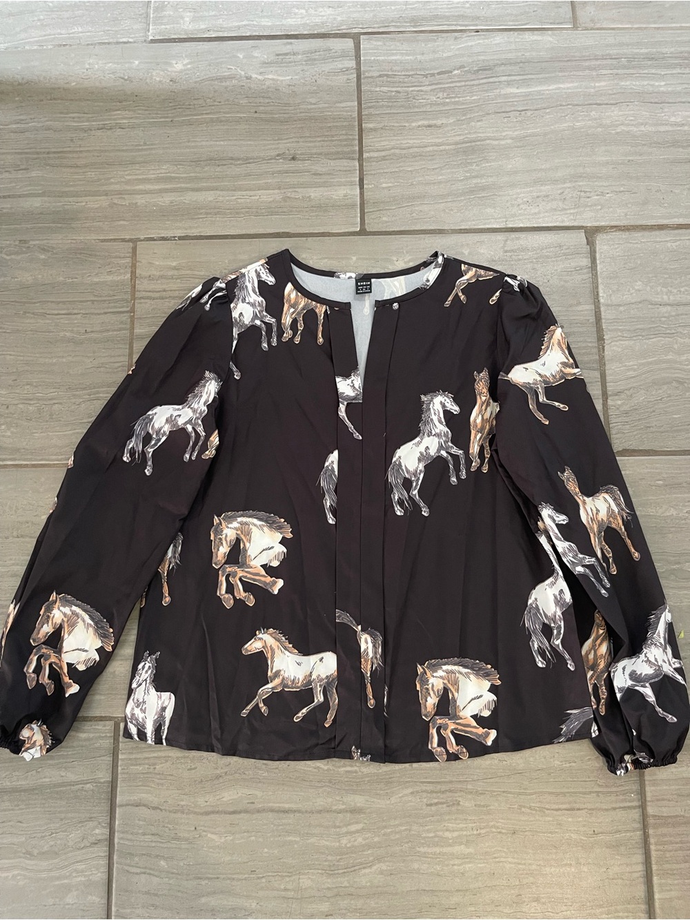 Black Horse-Print Long Sleeve Blouse
